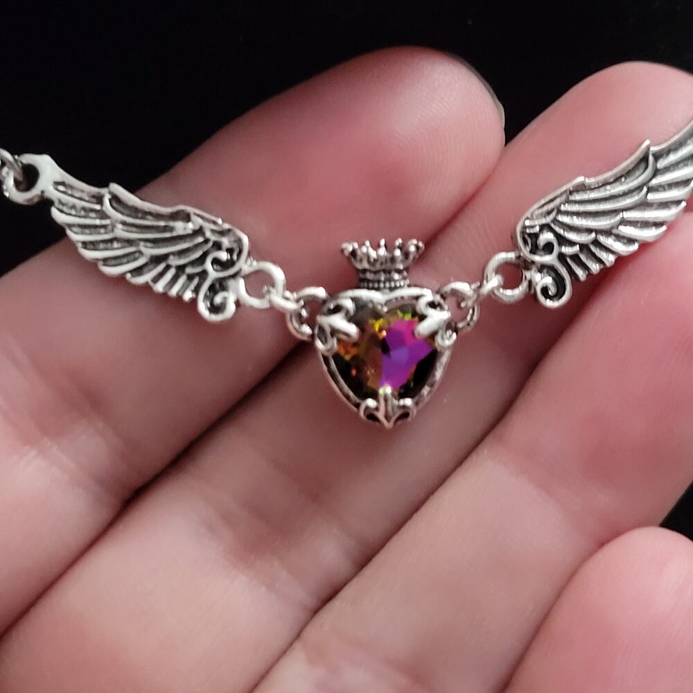 Angel wings with purple heart & crown  shaped crystal silver tone  necklace